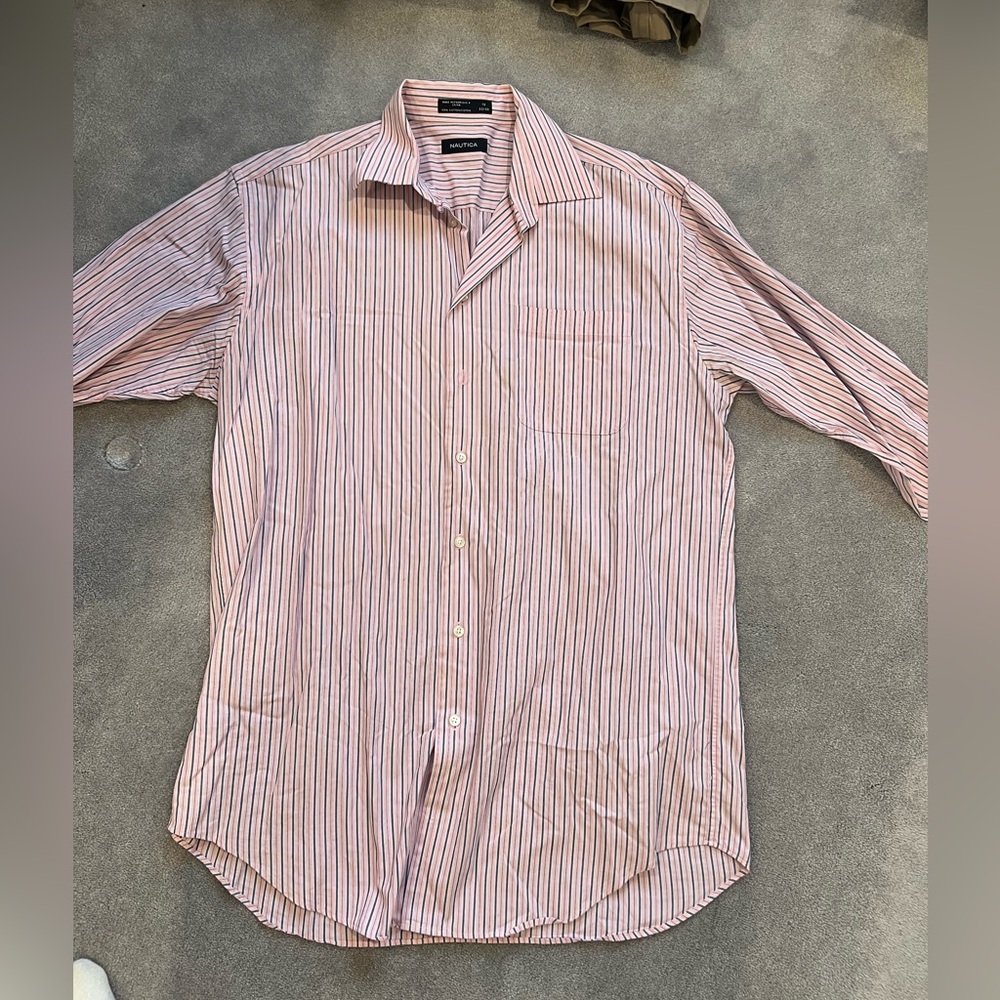 Men’s pink dress shirt with blue stripes from Nautica